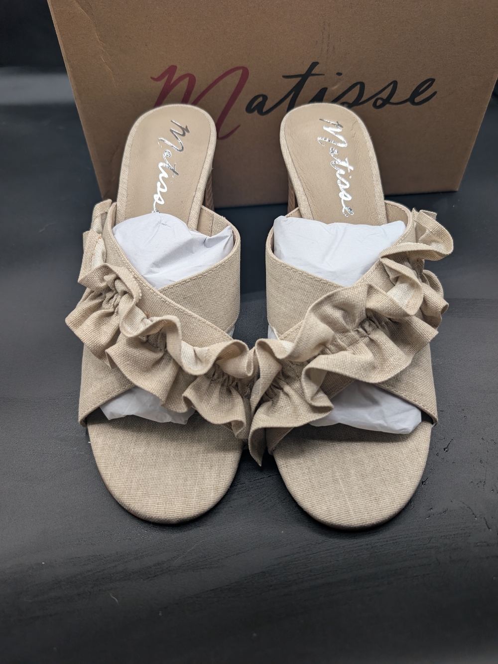 Matisse Beige Ruffle Slide Heels - Picture 3 of 4